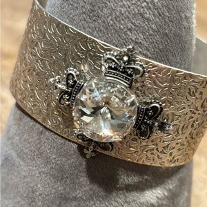 Silver Textured Cuff bracelet with cross and Crystal Accent